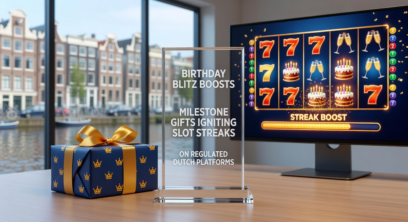 Vrolijke slotmachine met verjaardagsballonnen, cadeaus en jackpotmunten die een streak van winnende spins illustreren op een Nederlands online casino-scherm
