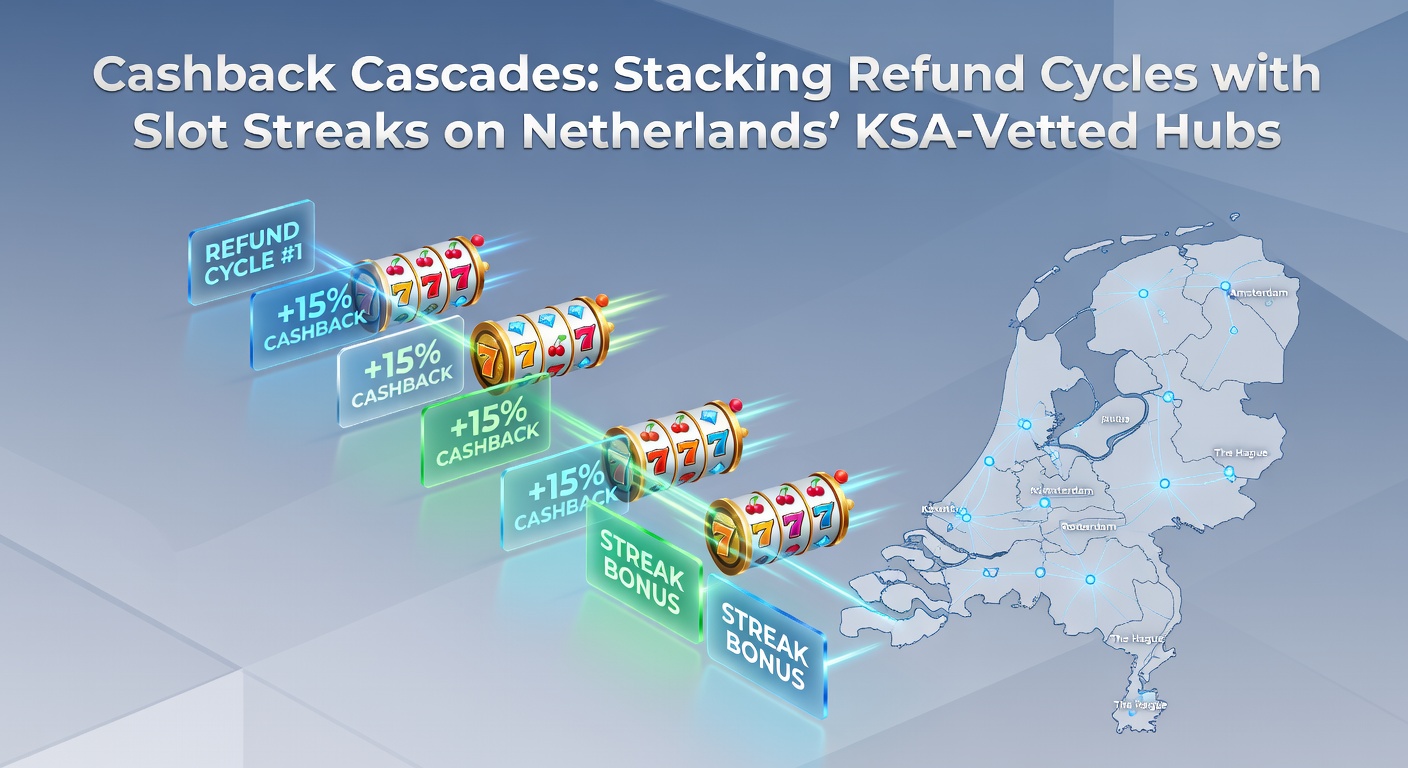 Grafische weergave van cashback-cycli die overlappen met winnende slotstreaks op een Nederlands casino-platform, met vallende munten en draaiende reels