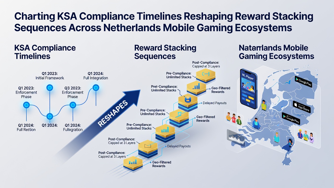 Diagram dat KSA-nalevingstermijnen en beloningsstapelsequenties in Nederlandse mobiele gaming toont