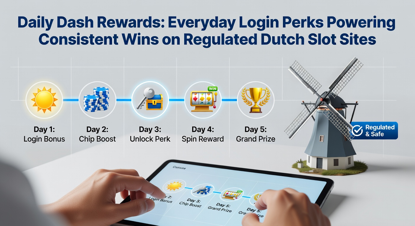 Speler logt dagelijks in op een KSA-gelicentieerde Nederlandse slotsite en activeert een dash reward met vallende munten en bonus symbolen op het scherm