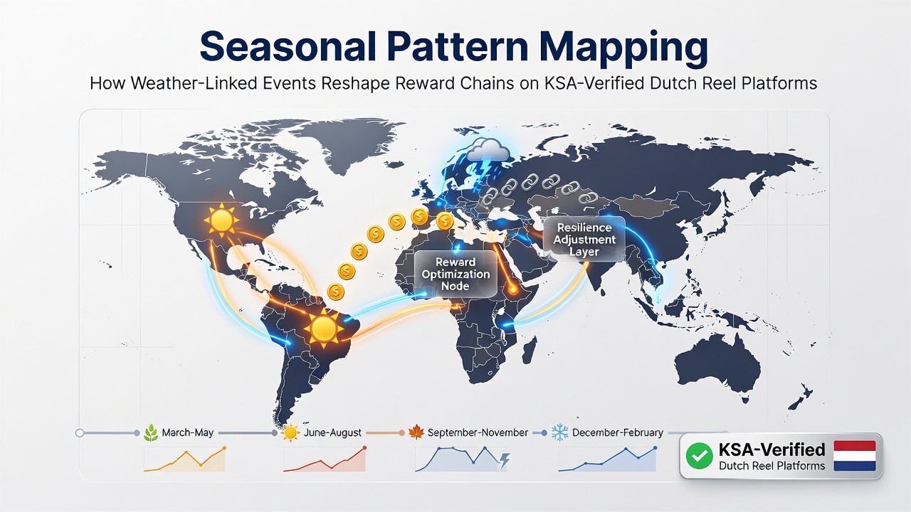 Kaart van seizoenspatronen die weerinvloeden tonen op Nederlandse gokkastenplatforms met data-overlays van speleractiviteit