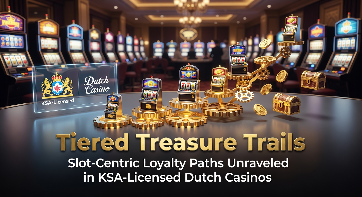 Grafische weergave van een getrapt loyaliteitsprogramma met slotsymbolen en schatkaarten in een Nederlands casino-thema