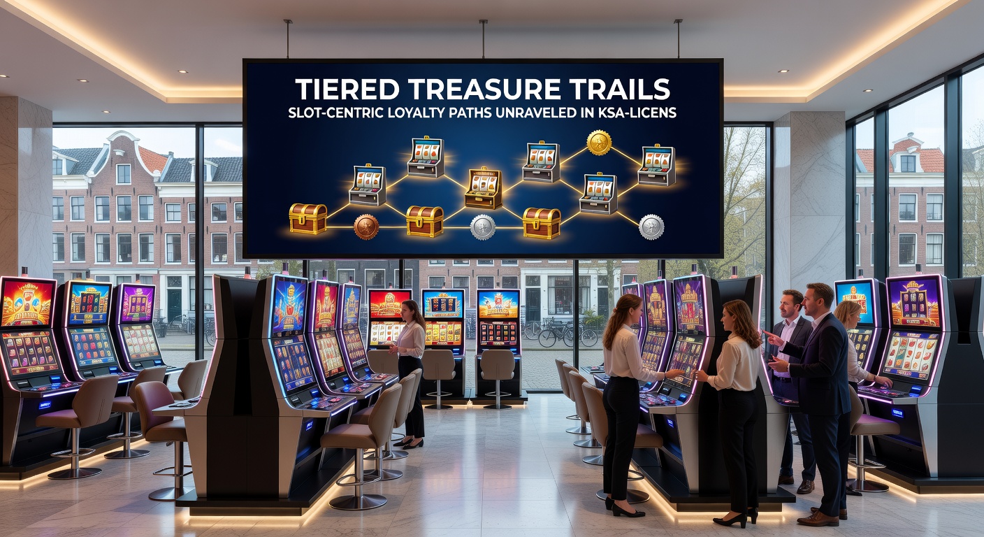 Voorbeeld van een tiered loyalty ladder met gouden slotmunten, VIP-keys en progressiebalken in een dynamisch casino-ontwerp