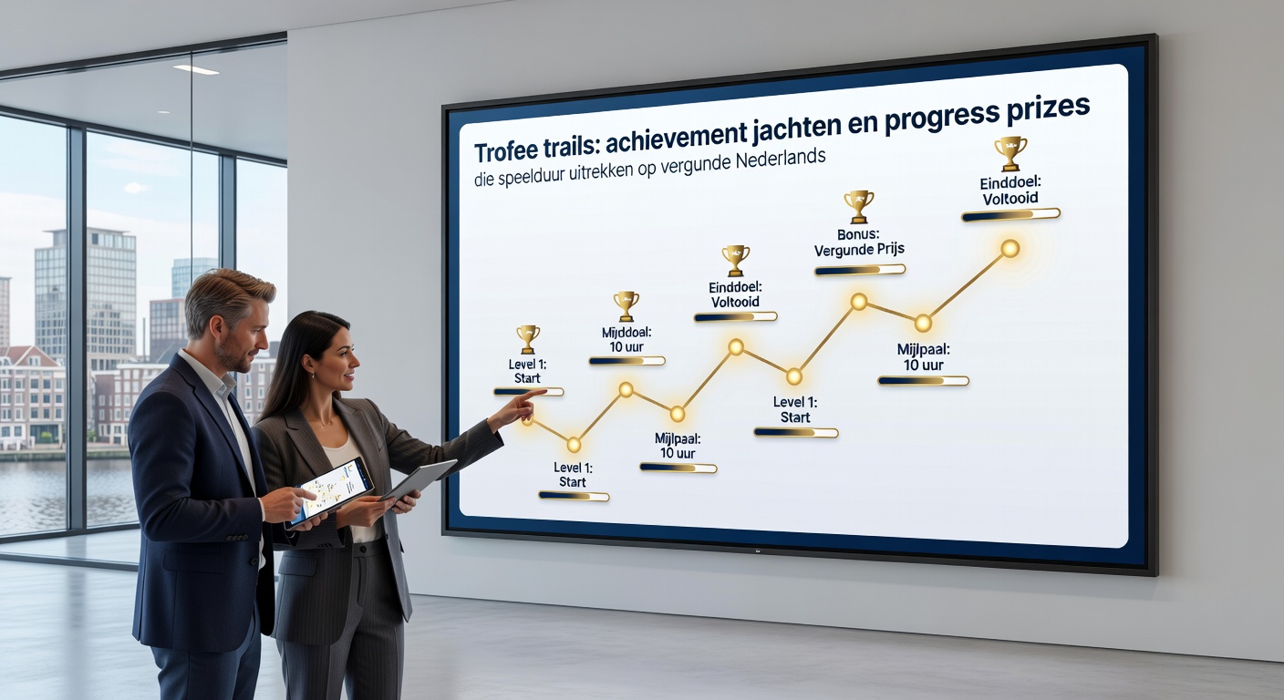 Vooruitgangsscherm van een trofee trail met achievement icons, progress bars en ontgrendelde prijzen op een mobiel Nederlands casino-app